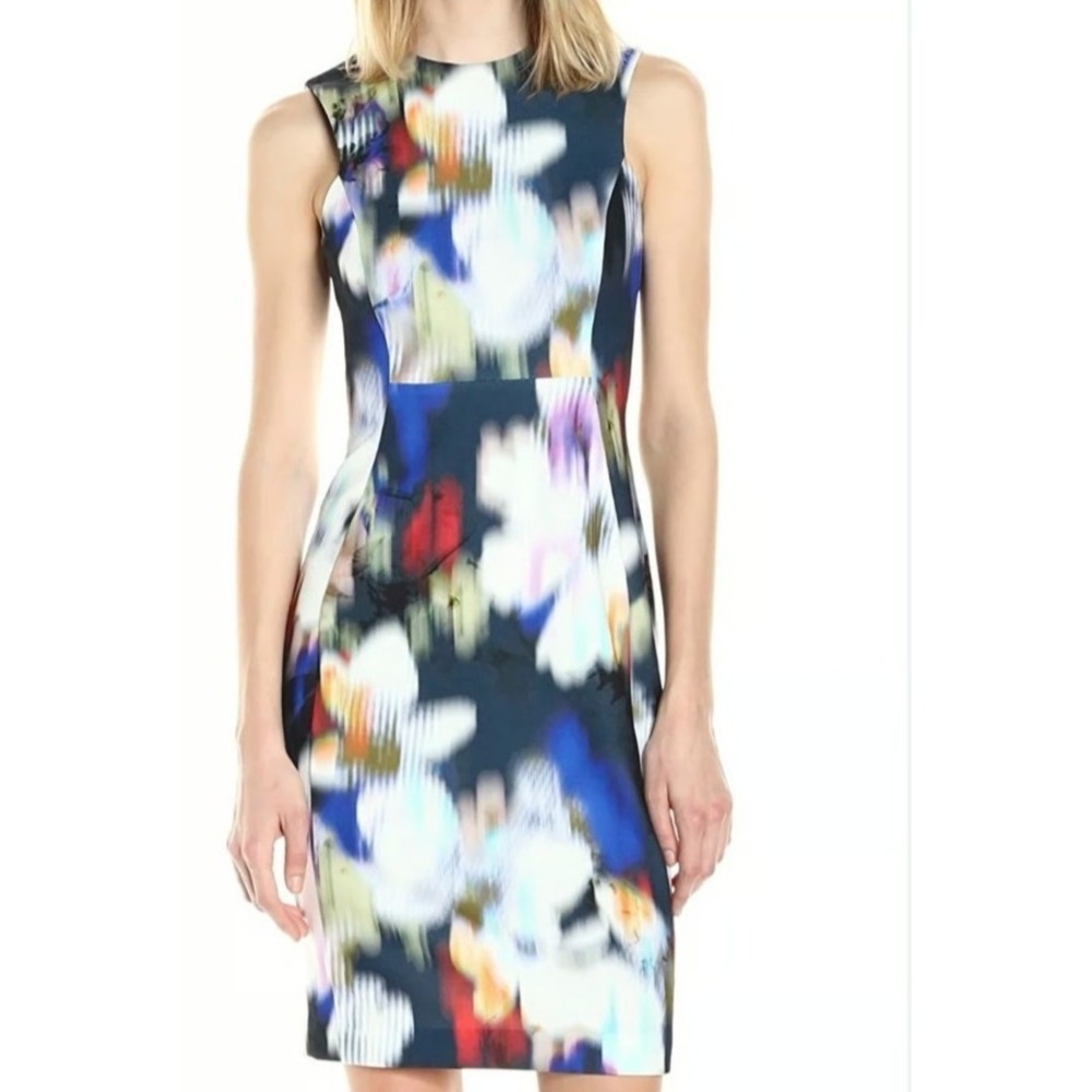 Calvin Klein Blurred Print Multi Color Sheath Dress  Sz 2 Gold Zipper Work Chic